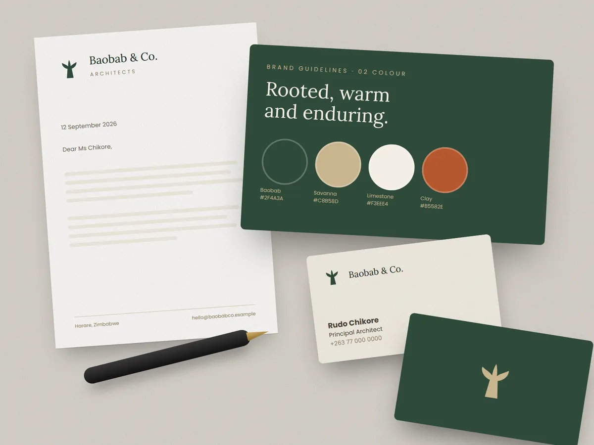 Architecture firm brand identity: letterhead, colour guidelines and business cards on a stone surface