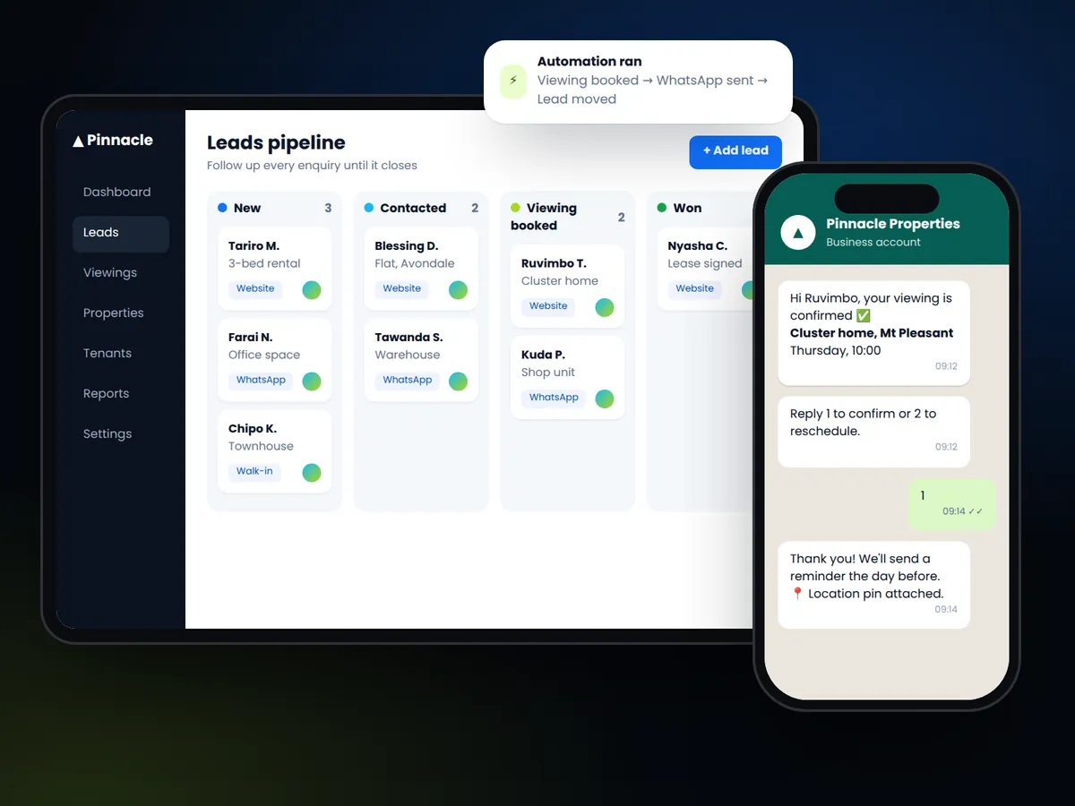 A property company's leads pipeline on a tablet and an automatic WhatsApp viewing confirmation on a phone
