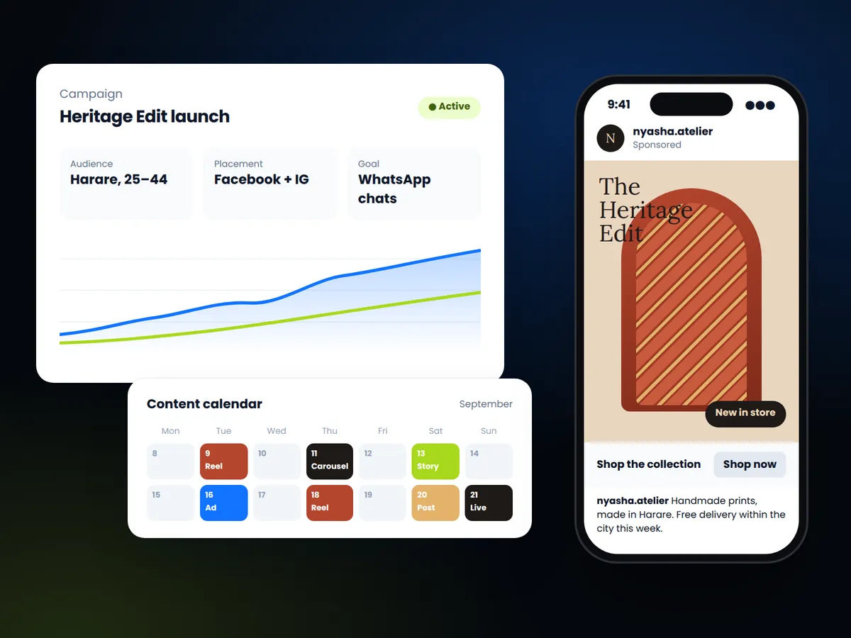 A fashion brand's social media advert on a phone beside a campaign dashboard and a content calendar