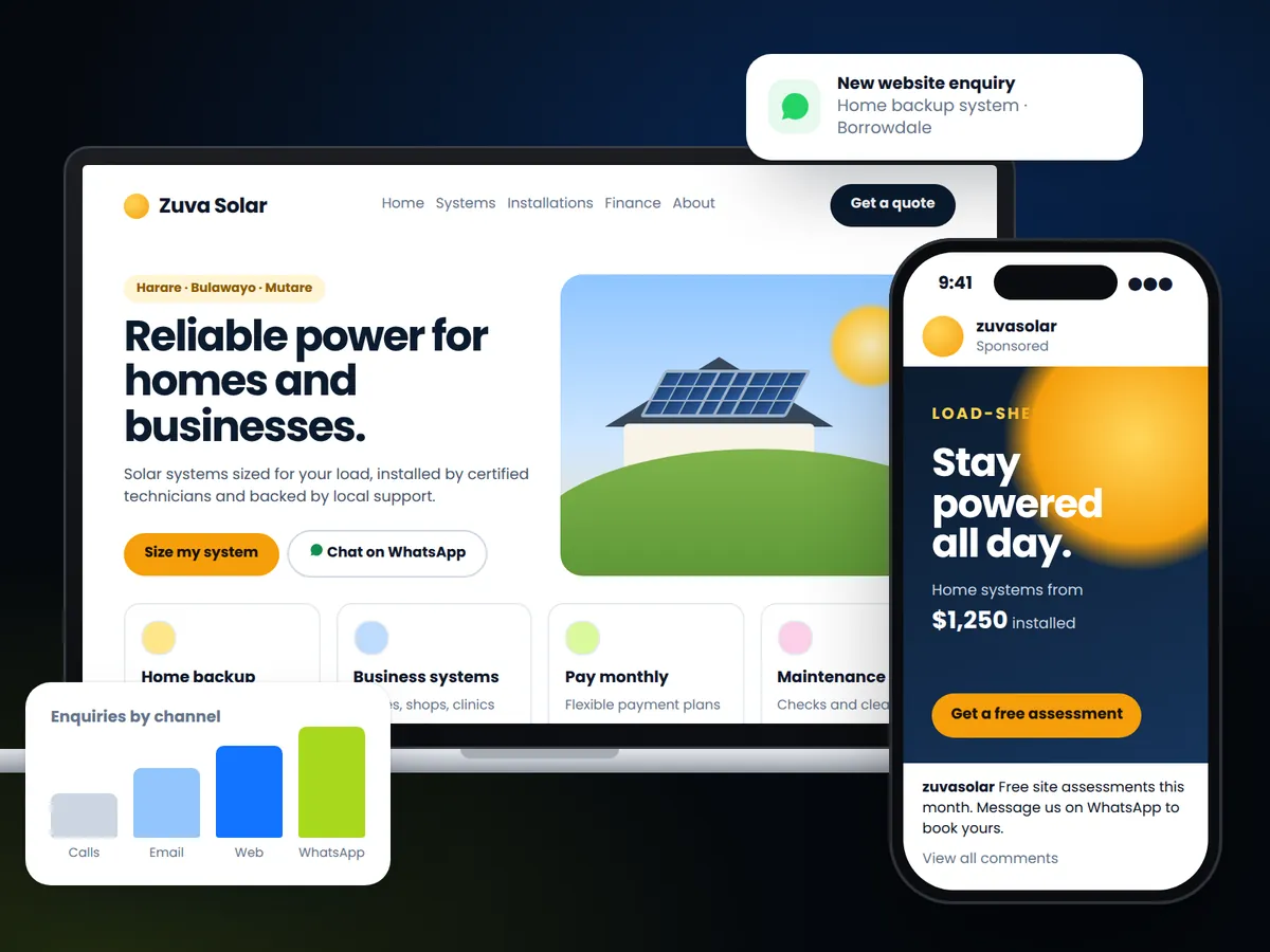 A solar company website on a laptop, its Instagram advert on a phone, a WhatsApp enquiry alert and an enquiries-by-channel chart