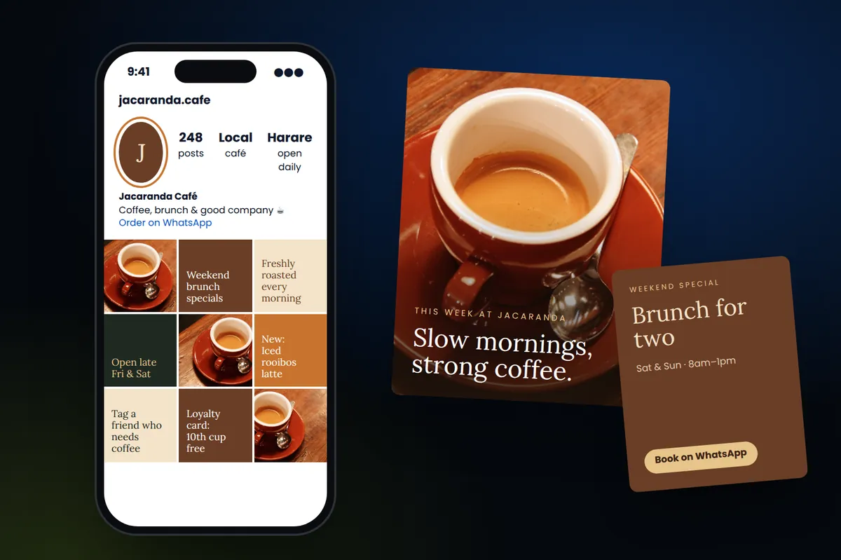 Café Instagram profile grid and branded promotional posts