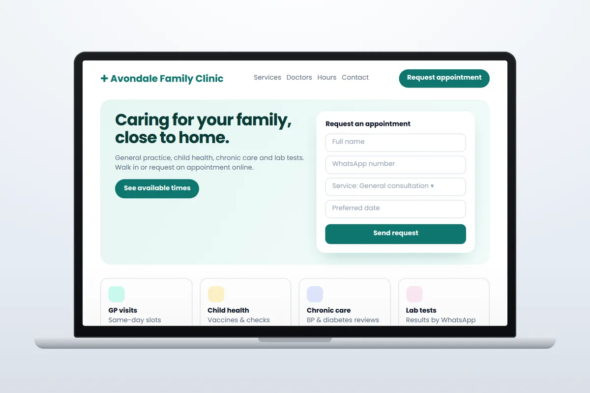 Clinic website with an online appointment request form on a laptop