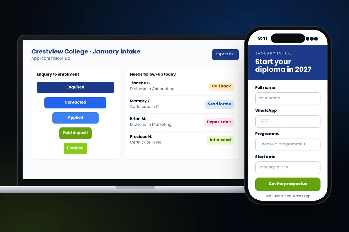 College applicant follow-up dashboard with an intake enquiry form on a phone