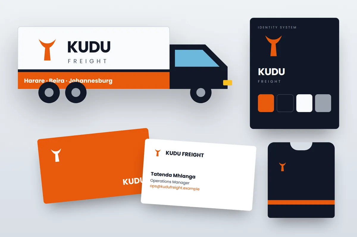 Logistics brand identity on a truck, business cards, a uniform and a colour card