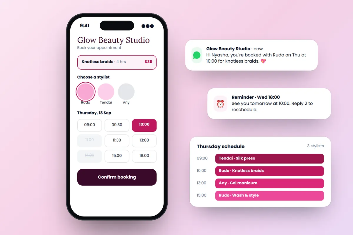 Salon online booking screen with WhatsApp confirmation, reminder and daily staff schedule