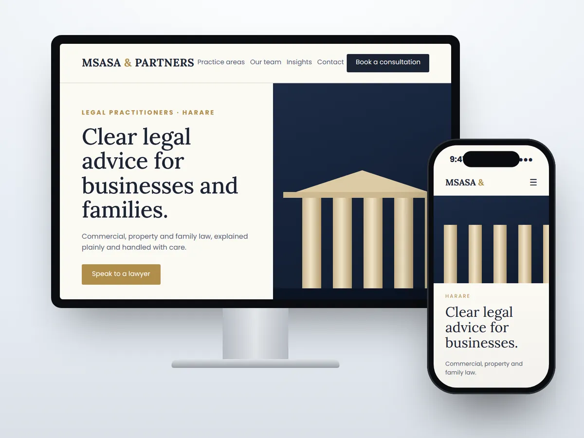 A law firm website shown on a desktop monitor and adapted for a mobile phone